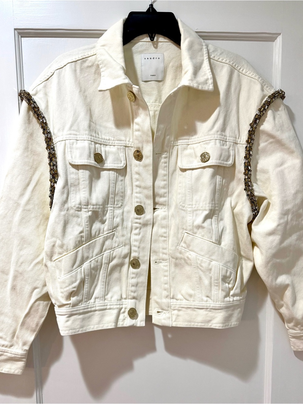 NWT Sandro Paloma Denim Jacket Ivory with Rhinestones Size 40 (US8) - Picture 4 of 6